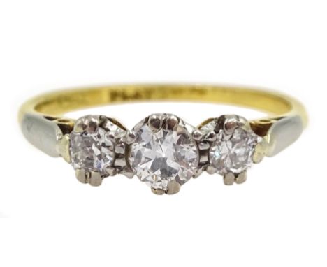 Three stone old cut diamond ring, stamped 18ct Plat, central diamond approx 0.20 carat - Condition Report Approx 2gm, size J-