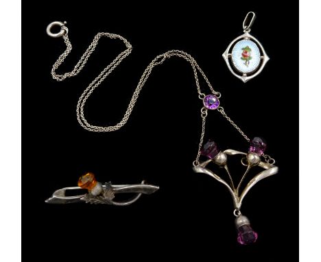  Charles Horner silver and purple glass thistle pendant necklace,  Chester 1909, silver and enamel rose pendant by the same h