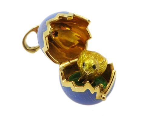 Victor Mayer for Faberge 18ct gold and blue guilloche enamel pendant, hinged lid revealing chick within, limited edition No.6