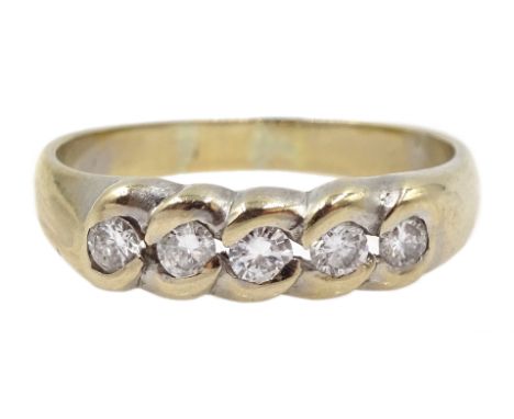 18ct white gold five stone diamond, rubover set ring, stamped 750 - Condition Report Approx 4.6gm, size R-S