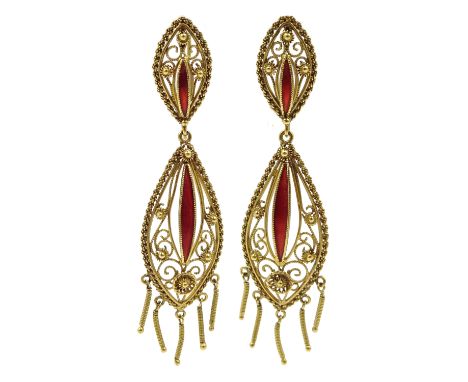 Pair of 18ct gold filigree and enamel pendant earrings, hallmarked[image code: 6mc] - Condition Report Approx 9.83gm, length 