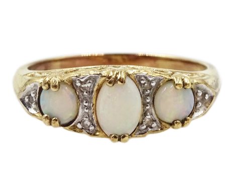 9ct gold three stone opal and diamond chip ring - Condition Report Tested to 9ct, approx 3.25gm, size Q