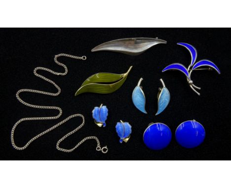  Norwegian and Danish silver and enamel jewellery including David Anderson leaf clip earrings, Aksel Holmsen leaf brooch, Ein