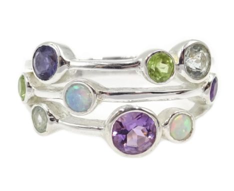 Silver opal, aquamarine, peridot, sapphire and amethyst ring, stamped 925 - Condition Report Size = N-O