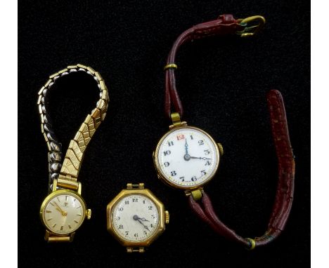 9ct gold manual wind wristwatch, Glasgow import marks 1924 on leather strap, 9ct gold cased watch hallmarked and a Tissot gol