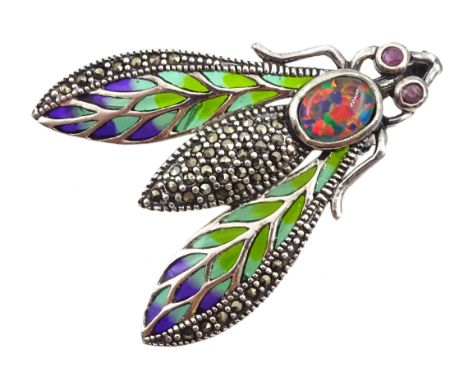 Silver opal, marcasite and plique-a-jour bug brooch/pendant, stamped 925 - Condition Report 