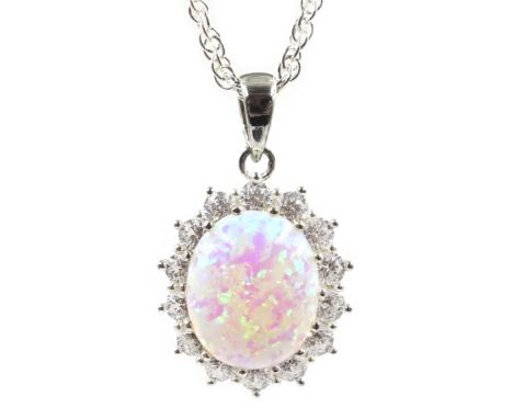 Silver opal and cubic zirconia pendant necklace, stamped 925 - Condition Report 