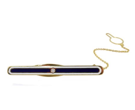 Victor Mayer for Faberge 18ct gold, blue and white enamel tie clip, set with a single diamond, limited edition No.2/300, refe