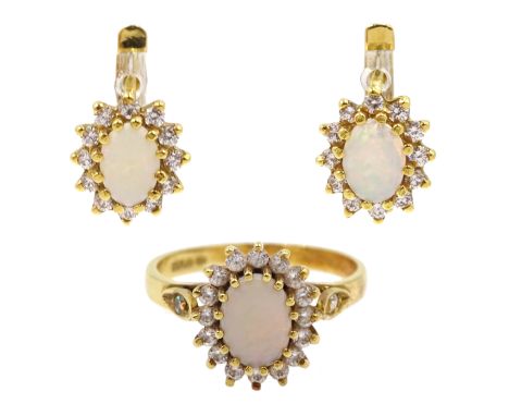 18ct gold opal and cubic zirconia cluster ring and pair of similiar 18ct gold earrings, both stamped 750 - Condition Report A