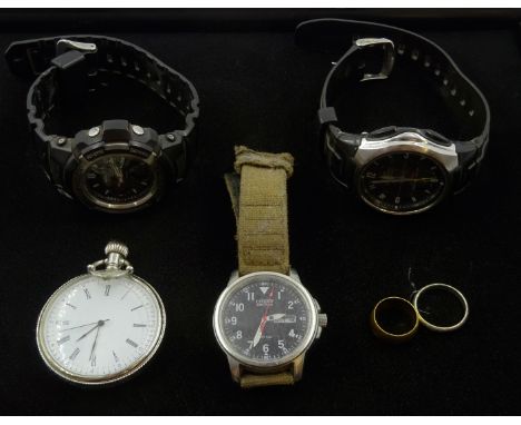 Citizen Eco Drive stainless steel wristwatch,  Casio Wave and G-Shock wristwatch, pocket watch and two rings ( - Condition Re