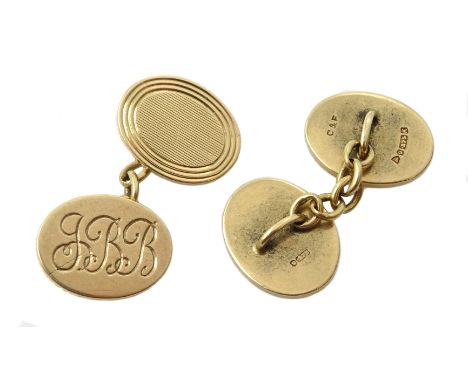 Pair of 9ct gold cufflinks, engine turned decoration and  engraved initials, hallmarked, approx 15.4gm - Condition Report 
