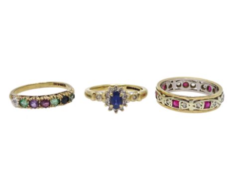 Gold sapphire and diamond cluster ring, gold gem stone set ring and a stone set eternity ring, all hallmarked 9ct - Condition