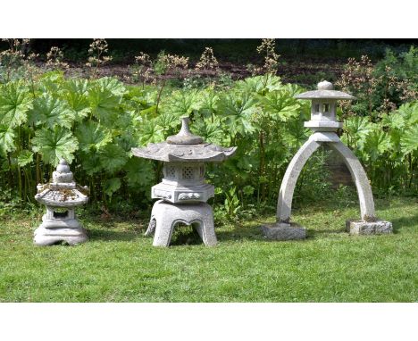 An Oriental carved granite garden lantern, 20th century, with hexagonal pagoda roof and stupa finial on a four legged base, 8