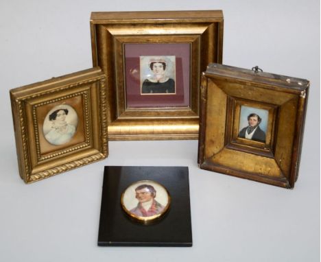 19th century English school, a portrait miniature, bust length of a Dandy, 6.5 x 5cm, oval, together with three others includ