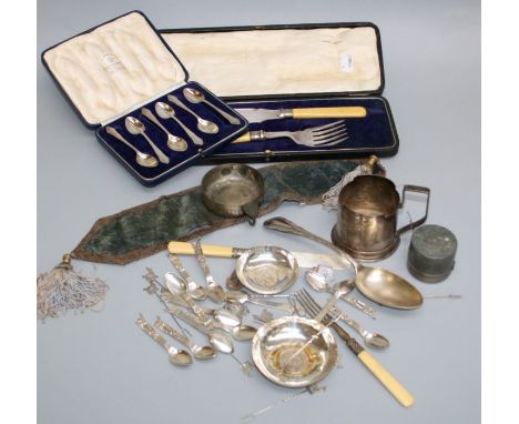 A mixed lot of small silver and white metal and other items including tourist ware coffee spoons with camel terminals, travel