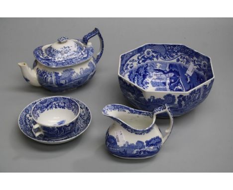 A quantity of Copeland Spode Italian blue and white tableware, including teapot, milk jug, eight tea cups, ten saucer dishes,