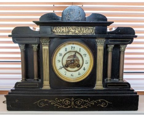 A French state mantel clock Lloyd Payne &amp; Amiel Paris. Two train movement chiming on a gong. Two-piece dial, 4.5" in diam