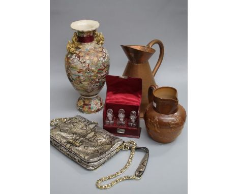 A mixed lot of collectors items, including ' Napoleons hat' mantle clock, copper and brassware, lady's evening bags, cigarett