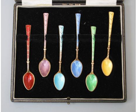 Set of six guilloche enamel spoons in fitted Mappin and Webb case, hallmarked Birmingham 1959&nbsp;