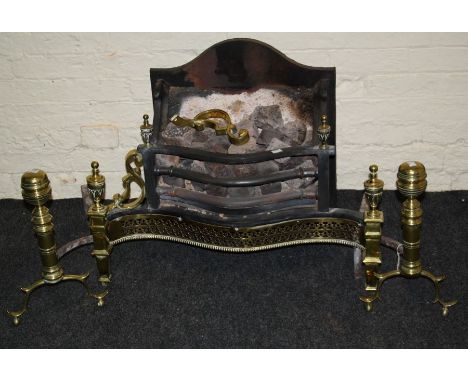 A pair of late 17th century/ early 18th century style brass mounted andirons, raised on dual supports, h42cm each together wi