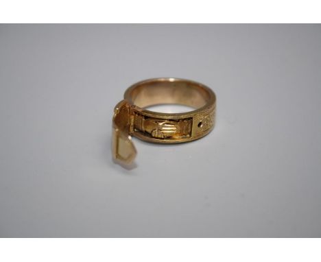 Incredibly rare Victorian buckle ring, stamped and tested 15ct, with foliate engraved pattern and engraved with the initials 