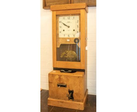 A good Edwardian Industrial National Time Record 'Kent' wall time recorder/clocking-in clock in beech-style case, 14" x 39" x