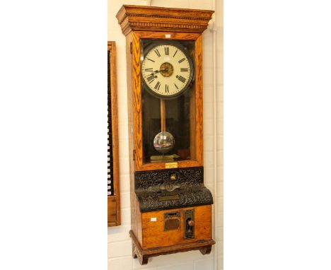 A good unrestored International Time Recorder Co. industrial time recorder/clocking-in clock. Contained in an oak case, 14" x