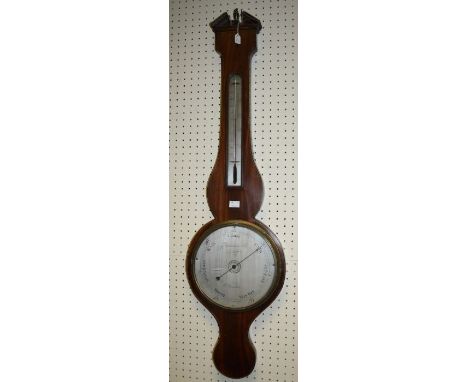 An early 19th century mahogany and line inlaid barometer thermometer having silver register inscribed Bernascone a W London, 