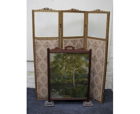 An Edwardian firescreen H98cm and a three fold modesty screen H152cm