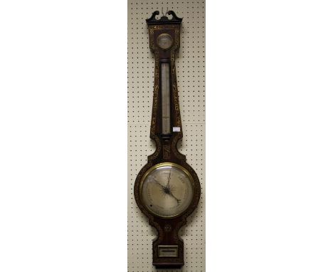 A 19th century rosewood and brass inlaid barometer thermometer with swan neck pediment and silvered register, inscribed Spenc