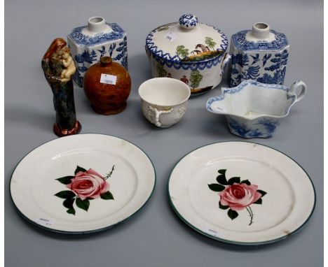 A pair of Wemyss 21cm plates, each decorated with a single cabbage rose, a pair of 19th century willow pattern tea cannisters