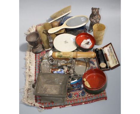 A mixed lot of collectors items, including an early 20th century prayer mat, ivory backed mirror and brush suite, horn beaker