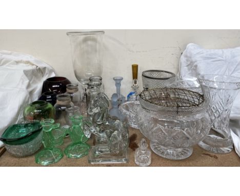 A glass storm lantern together with a glass ice bucket, glass vases, etc 