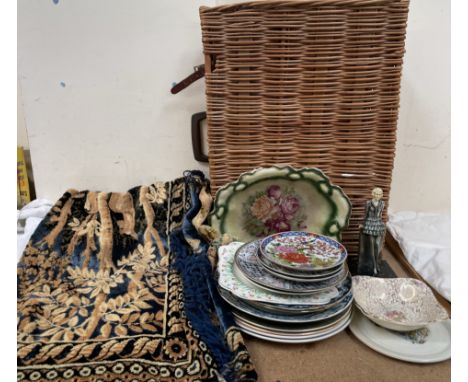 A Belgian tapestry wall hanging, 182 x 119cm together with assorted plates, Art Deco style figure, wicker basket etc 