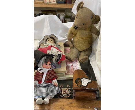 An English mohair teddy bear together with Welsh lady dolls, piano musical box, linen etc 