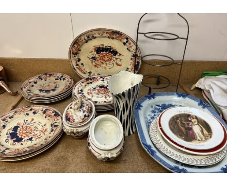 A blue and white pottery meat plate together with an Ashworth part dinner set etc 