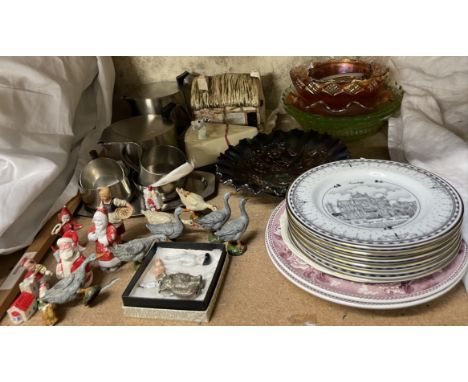 Carnival glass bowls, together with pottery plates, stainless steel part tea set, cake decorations, eastolin figures, ceramic