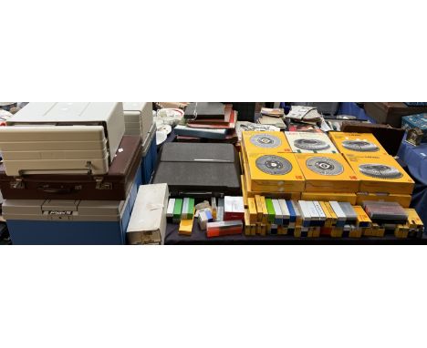 Kodak carousel slide tray magazines together with a collection of slides, a Smiths Corona typewriter, a large quantity of CD'