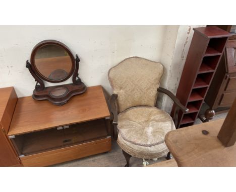 A Victorian mahogany toilet mirror together with a teak hifi cabinet with smoked glass doors, an upholstered chair and a CD r