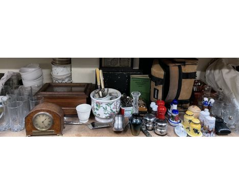 A walnut cased mantle clock, together with drinking glasses, jardinieres, cruets etc 