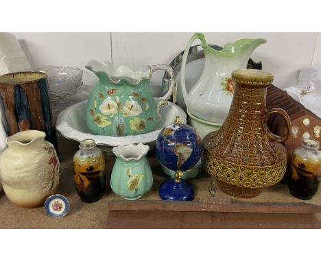 A small gem set globe together with jug and basin sets, glass bowls, RAF badges on plaques, pottery etc
