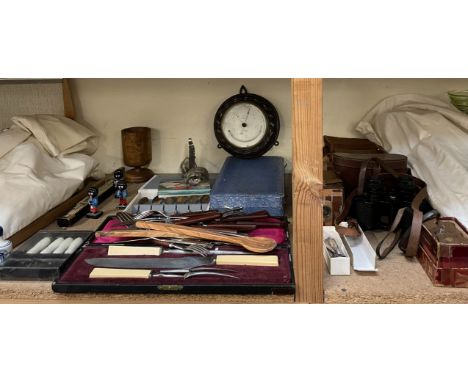 A Beau Brownie box camera together with Kershaw binoculars, flatwares, Robertsons figures, barometer etc 