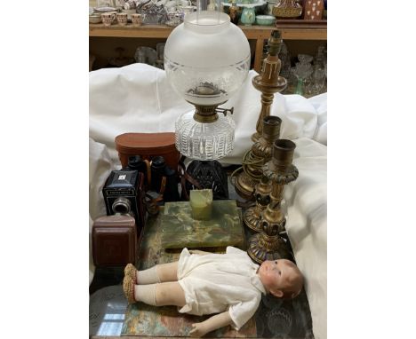 An onyx desk inkwell, together with an oil lamp with glass reservoir, treen table lamps, Photina Reflex camera, binoculars, d