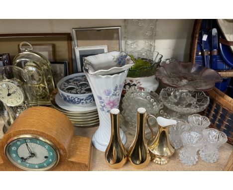 A picnic hamper together with an Aviakit helmet, glass dishes, Smiths mantle clock, anniversary clocks, picture frames, potte