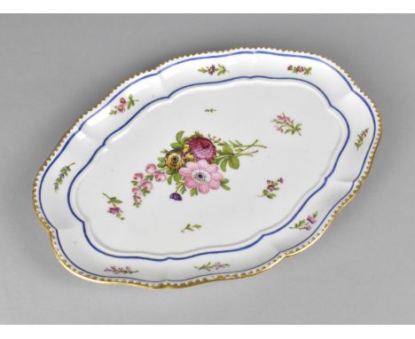 A 19th Century Porcelain Oval Dish With Hand Painted Floral Decoration and Gilt and Blue Trim, Sevres Type Mark to Base, 25.5