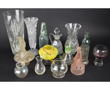 A Collection of Various Plain and Coloured Glass to Comprise Pink Frosted Glass Figure of Nude, "Tango" Art Glass Type Vase, 