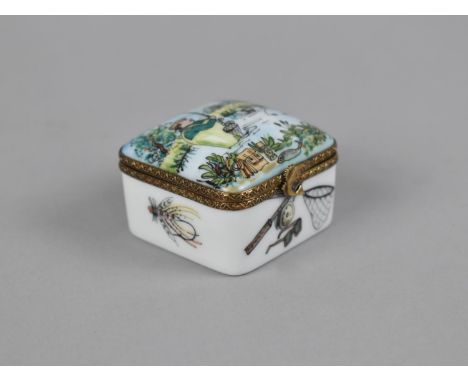 A Small Limoges Porcelain Pill Box for Links of London, no.168, Decorated in a Fishing Motif with Fisherman etc, 5cm wide 