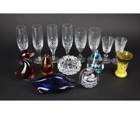 A Collection of Various Glass to Comprise Paperweights to Include Examples by Caithness, Vase, Champagne Flutes etc 