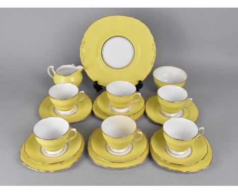 A Colclough Yellow and Gilt Trim Part Tea Set to Comprise Saucers, Side Plates, Milk Jug, Sugar Bowl and Cake Plate (some con