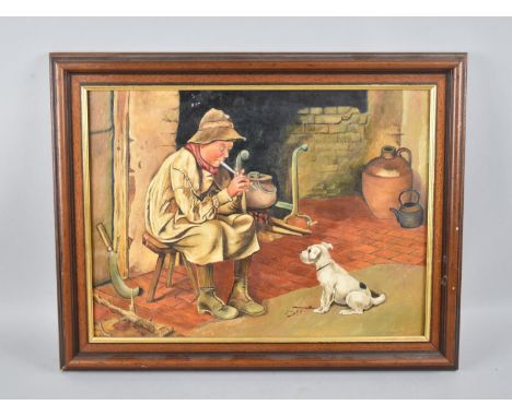 A Framed Oil on Canvas Depicting Farmers Boy Playing Recorder to Puppy, 40x29cms 